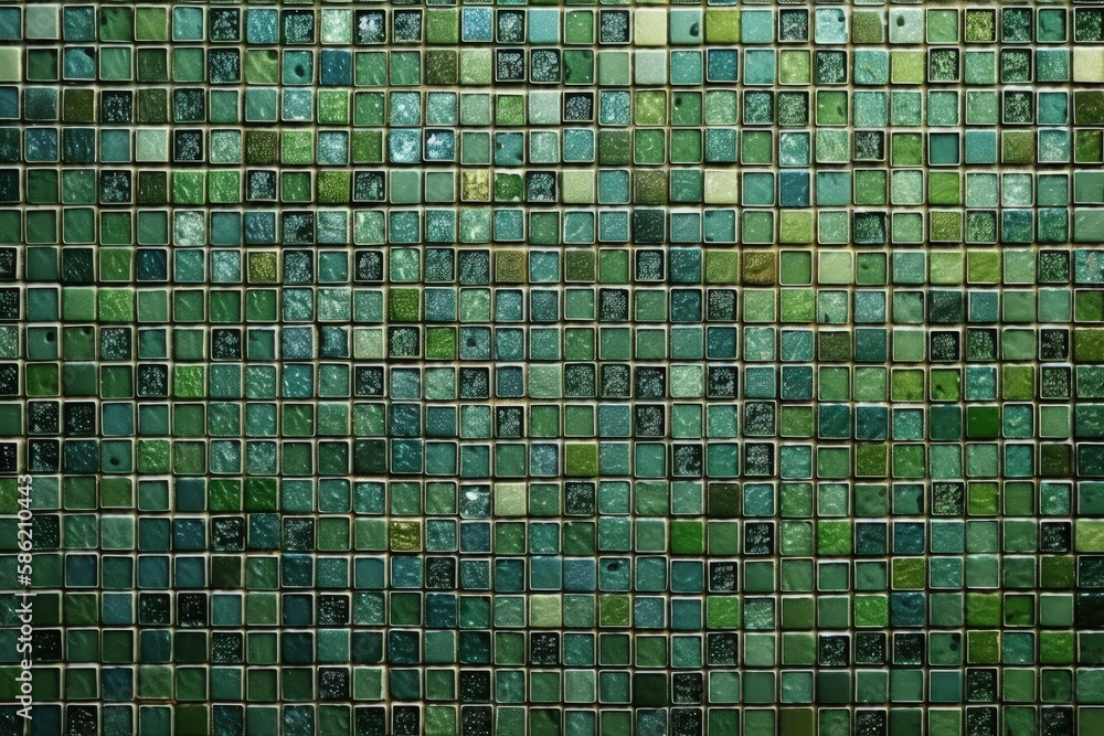 Poster detailed close-up of a green tiled wall with texture and depth created with generative ai technology