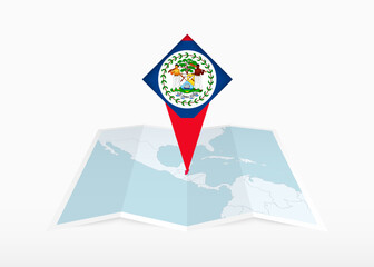 Belize is depicted on a folded paper map and pinned location marker with flag of Belize.