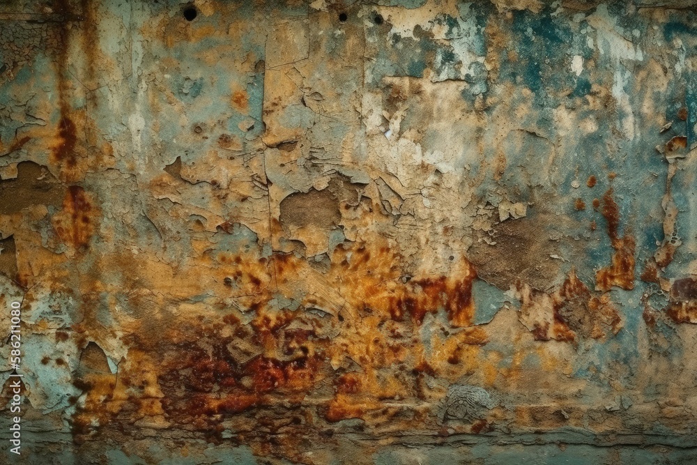 Aufkleber weathered and distressed wall covered in layers of colorful paint created with generative ai technol