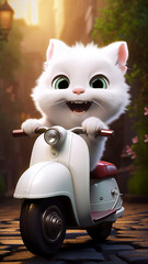 cheerful white kitten on a pink electric scooter on a spring background, cartoon character