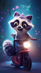 cheerful white raccoon on a pink electric scooter on a spring background, cartoon character