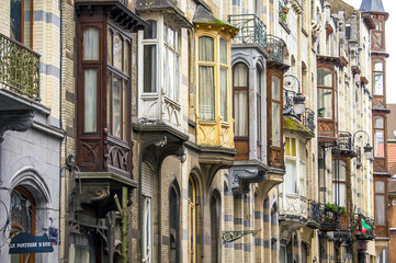 Art Nouveau houses lined up in a street in Brussels, Belgium. 
