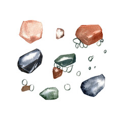 Set sketch color stones isolated on white background. Watercolor hand drawing nature illustration. Art for style design