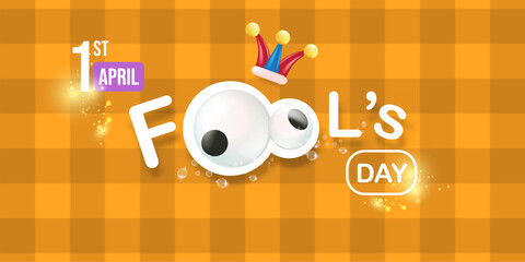 April fools day vector banner with funny clown hat and greeting text isolated on orange background. April fools day label, sticker and funky poster design template. Fools day logo and icon