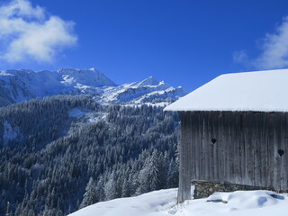 refuge cabane en bois de montagne en hiver dans la neige, abri cocon en Savoie dans les Alpes - obrazy, fototapety, plakaty