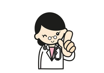 指さしポーズの白衣の女医