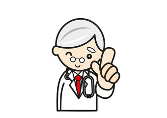 指さしポーズの白衣の医者