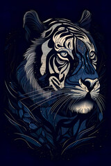 Blue colored illustration of tiger, painting design. Generative ai