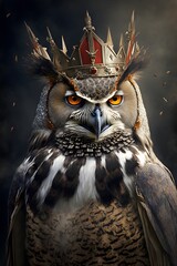Golden Crown on Head of Owl, Yellow eyes of horned owl close up. AI generated