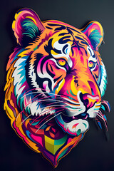 Sticker tiger illustration, beutiful colorful feline design. Generative ai