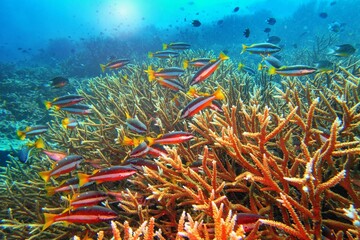 Fototapeta na wymiar Tropical coral reef scene. Two-spot banded snappers and hard coral Acropora formosa