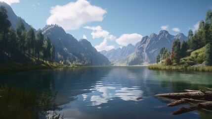 Naklejka na ściany i meble Beautiful landscape with mountain lake and reflection in water.Generative Ai