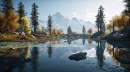 Obraz premium Beautiful landscape with mountain lake and reflection in water.Generative Ai