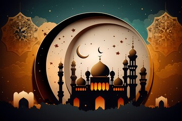 Ramadan kareem Mosque Islamic greetings,beautiful night and Moon design background and Illustration. AI Generated
