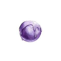 Purple realistic ball with flowing liquid and drops isolated on white background. Watercolor hand drawing illustration - 586214076