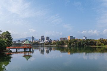 Fototapeta na wymiar hexagonal pavilion of Ohori Park in Fukuoka city, Kyushu, Japan