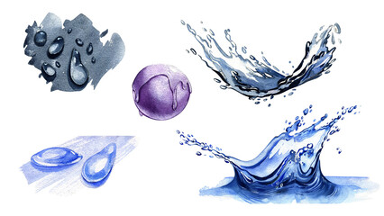 Set water splashing terxture with realistic drops isolated on white. Watercolor handrawing illustration. Art for design - 586214243