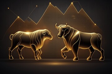 Gold chart business background with golden bull and bear, generative ai illustration