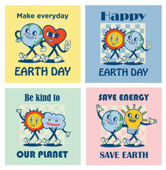 Happy Earth Day retro cards with slogan. Vintage nostalgia cartoon planet mascot character with smiling face. Globe with peace hand gesture. Environment friendly recycle concept.