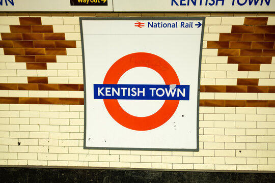 London- Kentish Town Underground logo platform, Northern Line tube station in North London