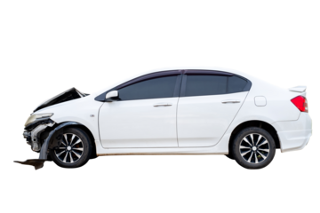 Side of white car get damaged by accident on the road. Broken cars after collision. auto accident, isolated on transparent background, PNG File
