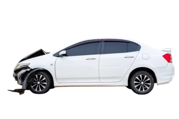 Deurstickers Side of white car get damaged by accident on the road. Broken cars after collision. auto accident, isolated on transparent background, PNG File © ISENGARD