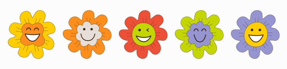 Smiling flower, abstract personage, mascot design, funny face, cute icon.