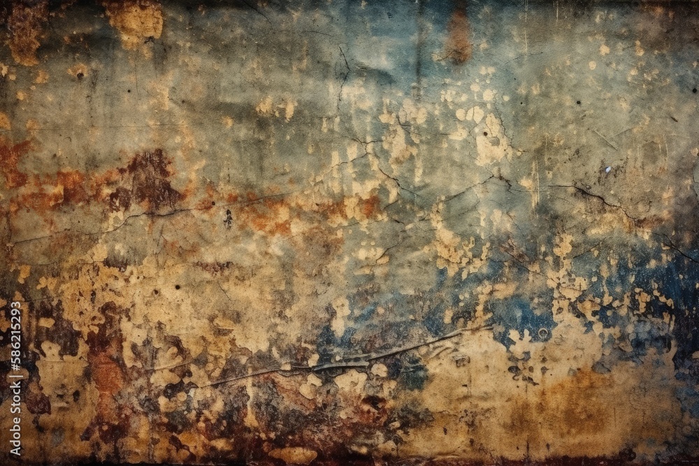 Poster weathered, rusted wall with peeling paint and texture created with generative ai technology