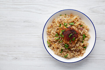 Homemade Paprika Chicken and Rice on a Plate, top view. Flat lay, overhead, from above. Space for text.