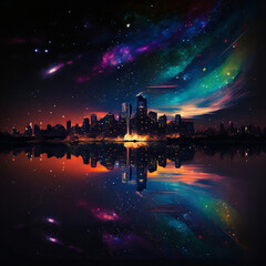 Digital art of a mesmerizing nightscape, a city skyline silhouette,  starry night sky, illuminated skyscrapers , architecture, Generative AI 