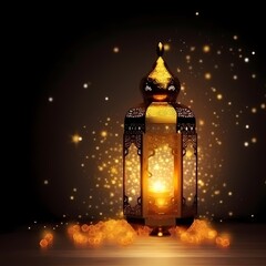 Ramadan kareem with burning candle on arabic lantern,beauty and Ornamental, glowing on Night with bokeh effect, Muslim feast of the holy month, generative ai