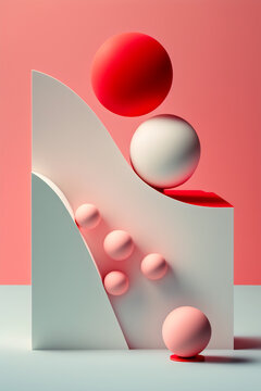 Generative AI illustration of flying white and red smooth spheres on wavy abstract pink forms in corner near wall