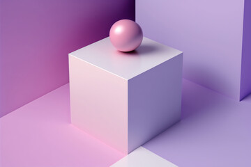 Generative AI illustration of colorful geometric shapes of white spheres on square form on pink floor against violet background