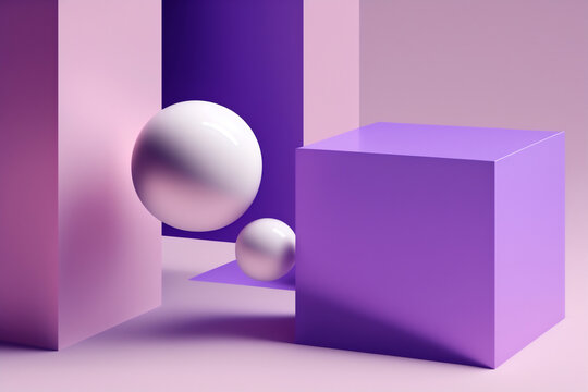 Generative AI illustration of colorful geometric shapes of white spheres on square form on pink floor against violet background