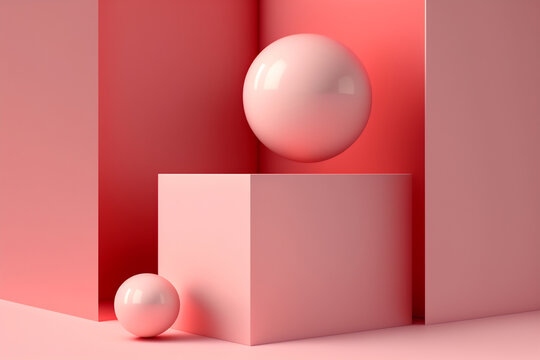 Generative AI illustration of geometric shapes and forms of shiny spheres on square platform near wall in red and pink colors
