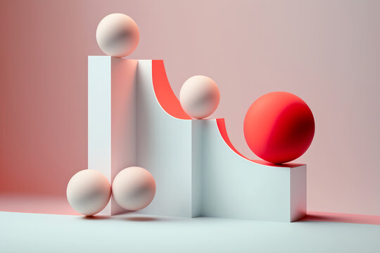 Generative AI illustration of flying white and red smooth spheres on wavy abstract pink forms in corner near wall