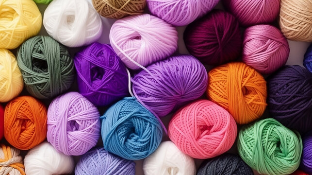 Many colorful balls of wool and cotton yarn for knitting generated by Ai
