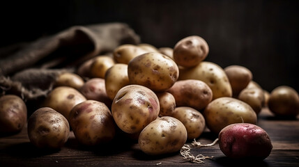 Obraz premium Raw whole washed organic white and red potatoes background. Healthy vegetarian food concept generated by Ai