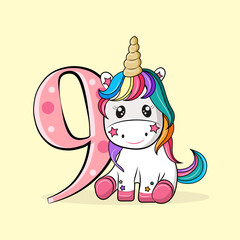 numbers for children, number 9, baby card with cute unicorn, invitation to the ninth birthday a unicorn with a colorful mane, 9th birthday party invitation with baby unicorn