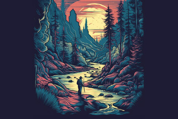 Fly-fishing in a mountain stream, woodcut print, tranquil setting, dappled light through trees - Generative Ai