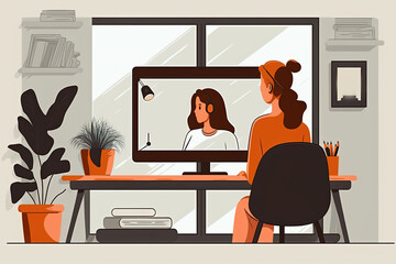 Woman communicates with a colleague or business partner via online connection from home office. Concept of freelance, remote work and part time job. Flat cartoon illustration generative AI