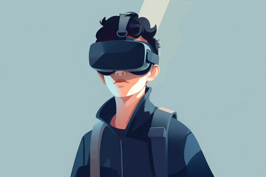 Generative AI image of male in headphones with backpack and VR headset exploring cyberspace against gray and blue background