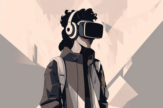 Generative AI image of male in headphones with backpack and VR headset exploring cyberspace against gray and beige background