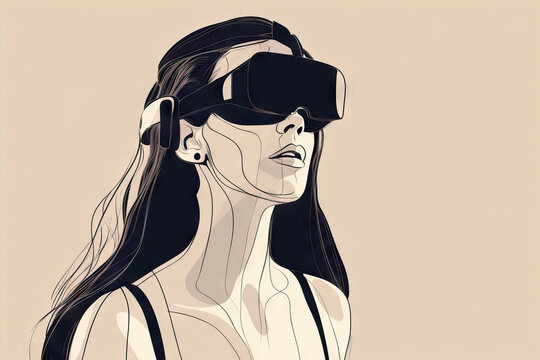 Generative AI image of dreamy female with long hair in VR headset against beige background