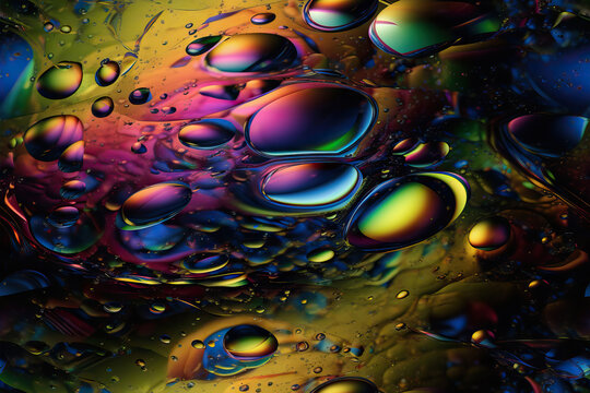 Generative AI illustration of abstract background with various colorful bubbles and shades on bright liquid surface