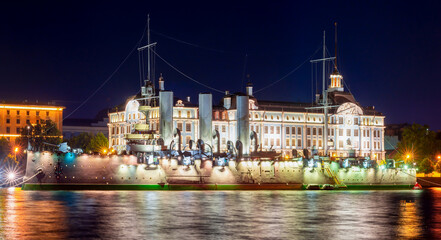Fototapeta na wymiar Aurora cruiser on Neva river at night, Saint Petersburg, Russia
