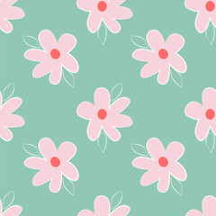 Simple pink trendy flowers on green background endless ornament.Seamless vector floral pattern.