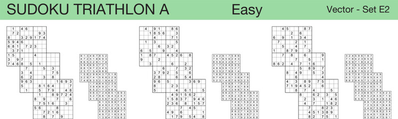 A set of 3 easy scalable sudoku Triathlon A puzzles suitable for kids, adults and seniors and ready for web use, or to be compiled into a standard or large print activity book.