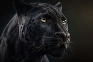 Generative AI image of powerful black panther with green eyes looking away on dark background