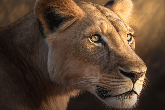 Generative AI illustration image of wild calm brown lioness looking away against blurred background